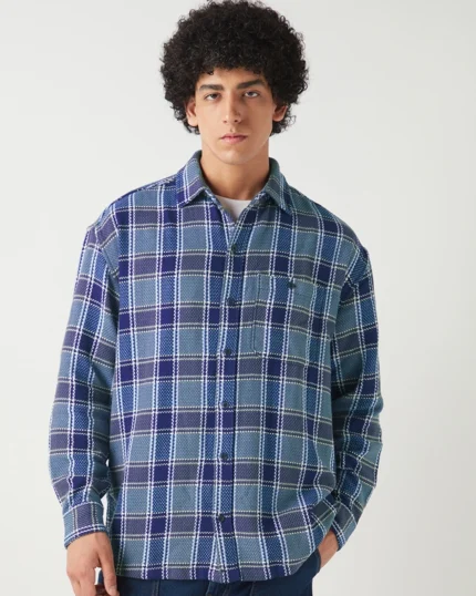Men's Navy Blue Checked Oversized Shirt