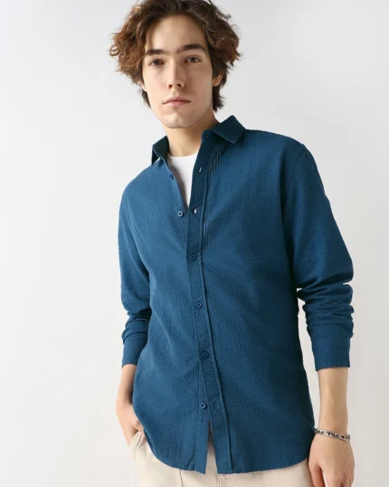 Men's Navy Blue Textured Shirt